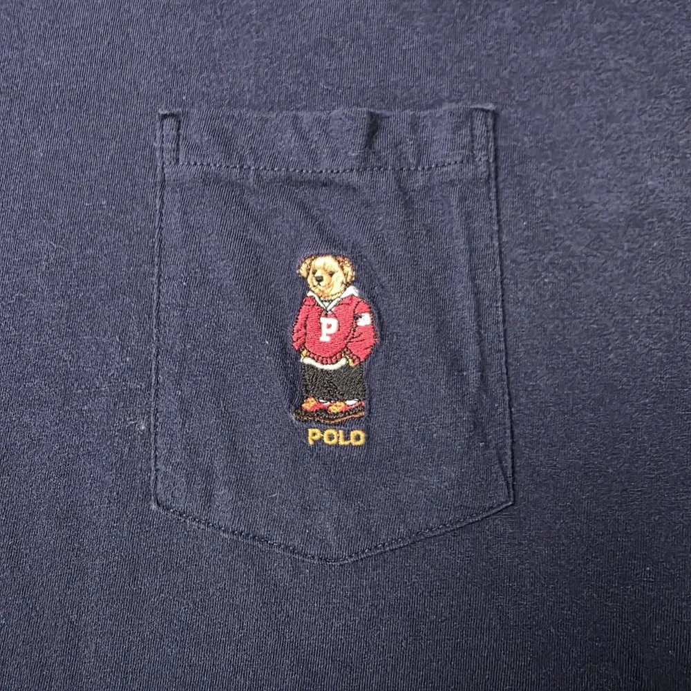 Vtg Made USA Polo Ralph Lauren Bear Selvedge Pocket T Shirt Long Sleeve XXL 2XL